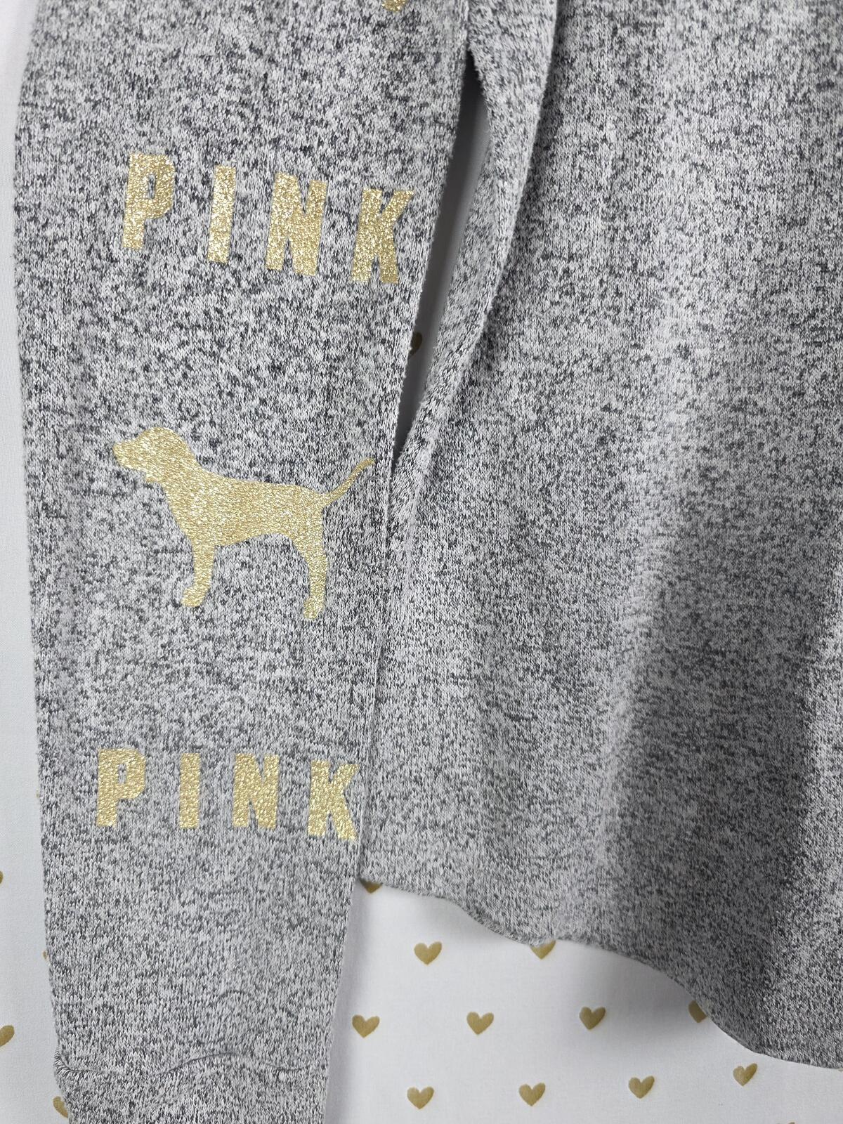 Victorias Secret PINK GLITTER DOG Soft Grey Long Sleeve Tee shirt MEDIUM
