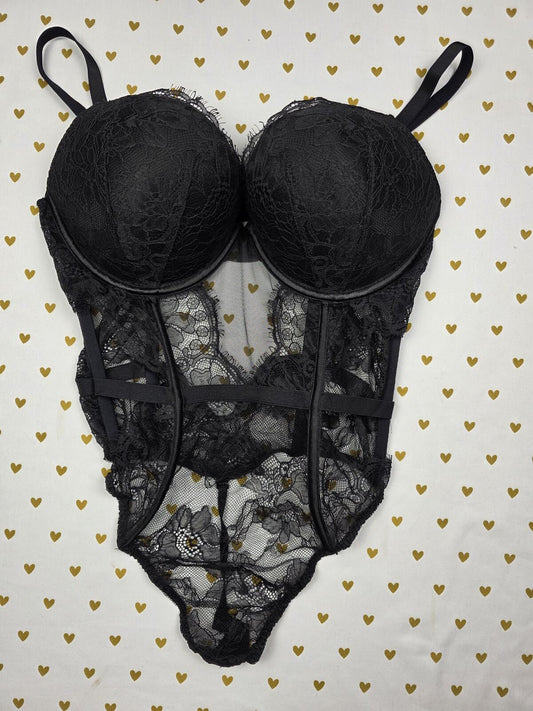Victoria Secret Lingerie Teddy BOMBSHELL Push up Adds 2 cups Black Lace XL Thong