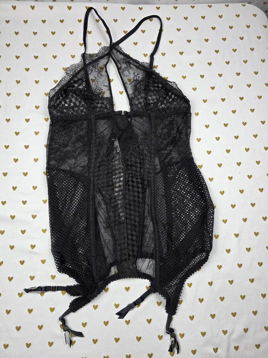 Victorias Secret Strappy Lace Garter Lingerie Bodysuit Corset Sheer Black MEDIUM