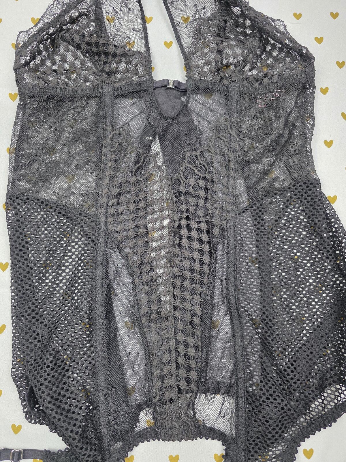 Victorias Secret Strappy Lace Garter Lingerie Bodysuit Corset Sheer Black MEDIUM