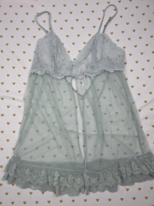 Victorias Secret Vintage Sage Green Sheer Nightie Babydoll Mesh Lingerie Medium