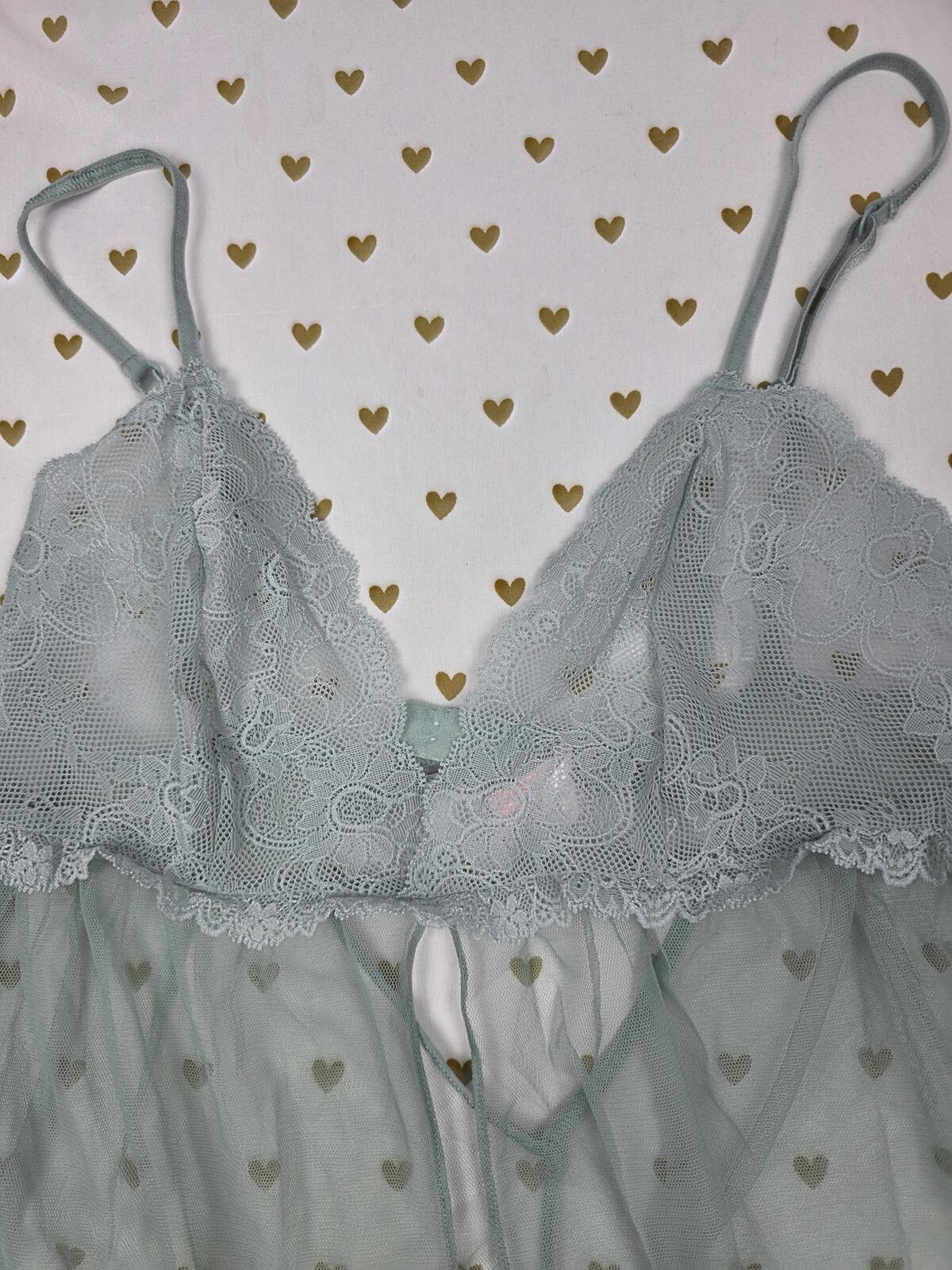 Victorias Secret Vintage Sage Green Sheer Nightie Babydoll Mesh Lingerie Medium