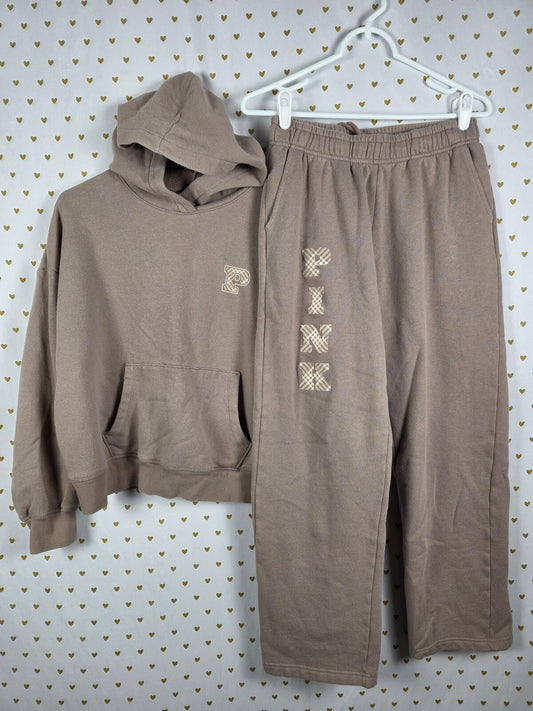 Victorias Secret Pink Brown Hoodie Sweater and Sweats SET 2pc Outfit SMALL MED