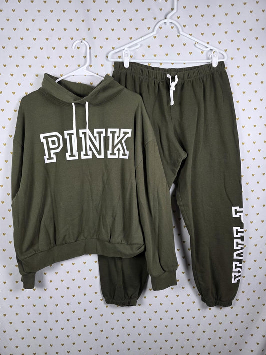Victorias Secret Pink Green Logo Sweatpants Sweater Pullover Set Large Joggers