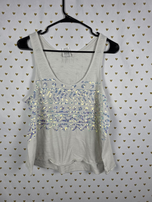 Victorias Secret PINK Tank Top BLING White Shine Medium Chevron Sleeveless Shirt