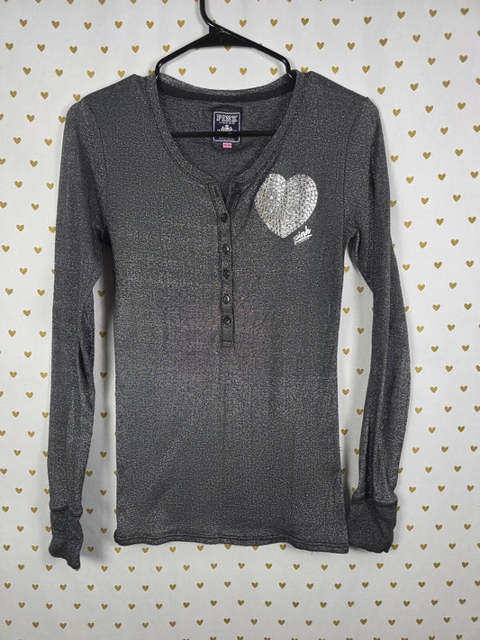 Victorias Secret PINK Vintage SHIMMER Heart BLING HENLEY Long Sleeve Button MED