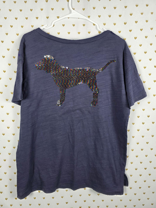 Victorias Secret PINK DOG RAINBOW BLING Sequined V Neck Tee Shirt MEDIUM