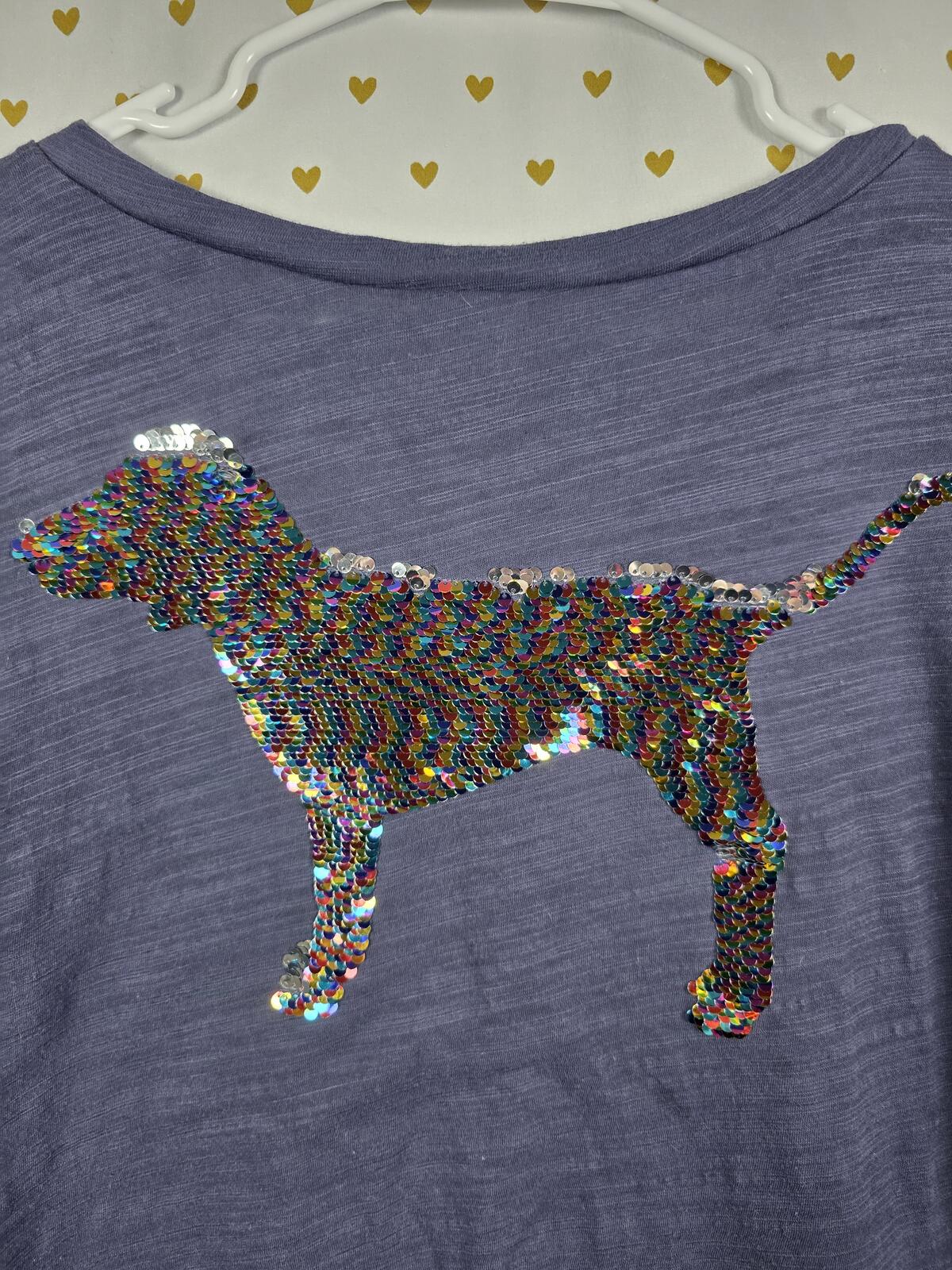 Victorias Secret PINK DOG RAINBOW BLING Sequined V Neck Tee Shirt MEDIUM