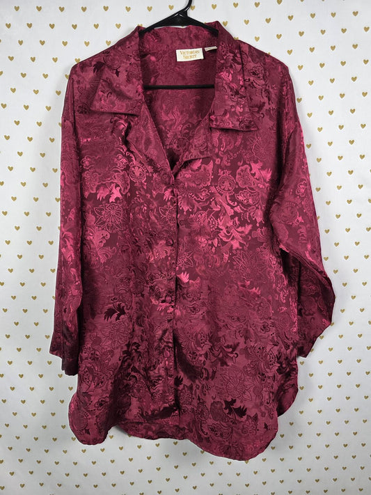Victorias Secret Gold Label Button Down Maroon Satin Sleep Shirt nightgown Pj SM