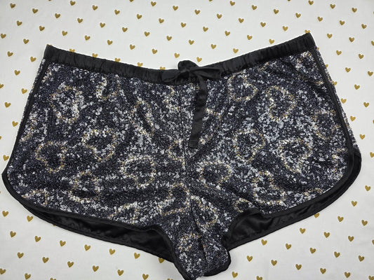 Victoria's Secret COLLECTION XL Satin & FULL SEQUIN Bling Shorts Hearts Tie PJ