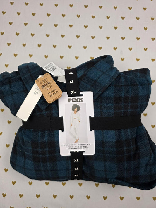 Victorias Secret PINK POLAR FLEECE Shirt & Jogger Set Plaid XL Pajama NEW NWT
