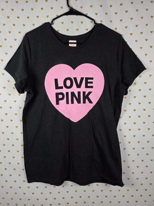 Victorias Secret PINK LOVE Heart CAMPUS ORIGINALS Black Tee Shirt Large