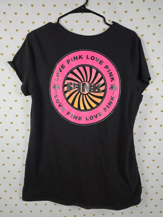 Victorias Secret PINK Bling STUDDED Neon Logo Black Tee Shirt LARGE