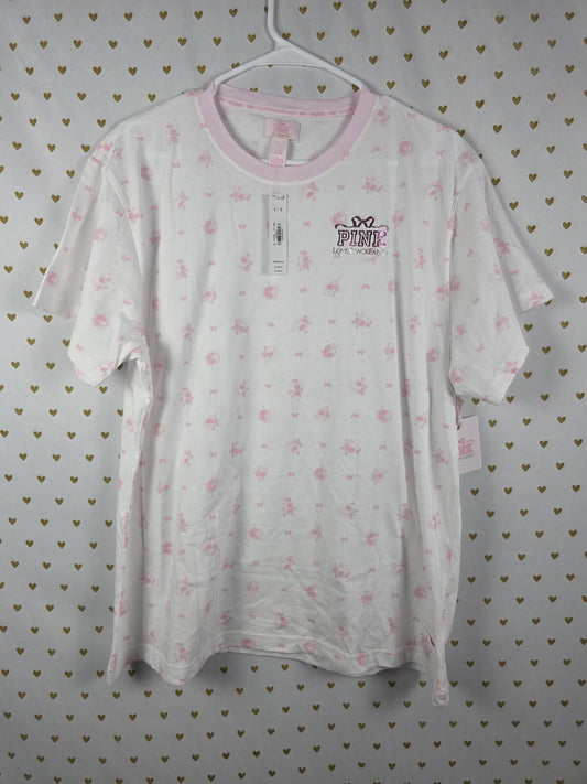 Victorias Secret PINK  LOVESHACKFANCY NEW Campus Cotton Tee Shirt LARGE Bow