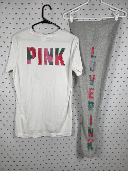 Victorias Secret PINK BLING Studded TEe Shirt & NWT Leggings Yoga Pants SET SM M