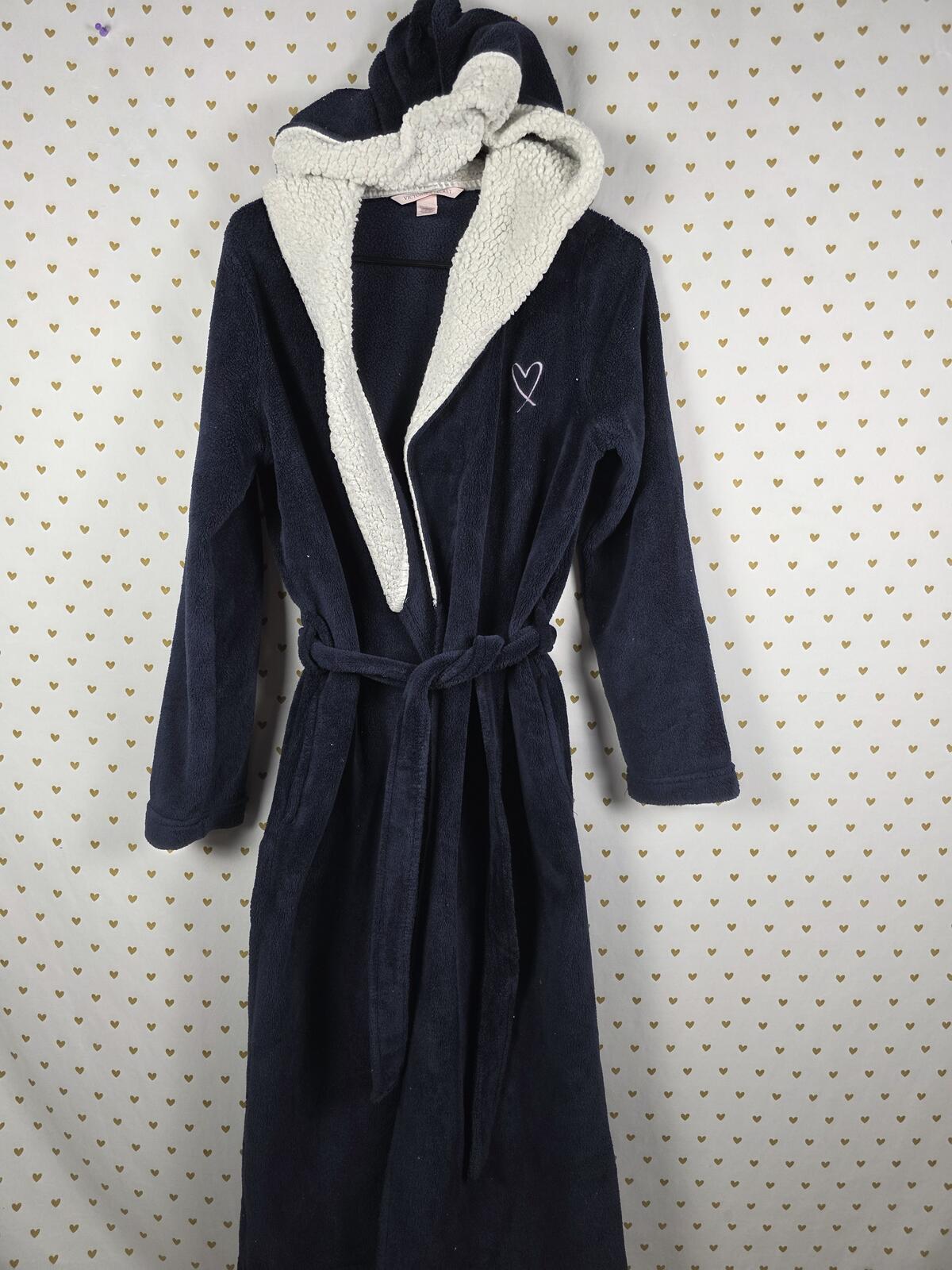 Victorias Secret Heart Thick Fluffy Bath Lounge Robe Hooded with Belt SM XS blue