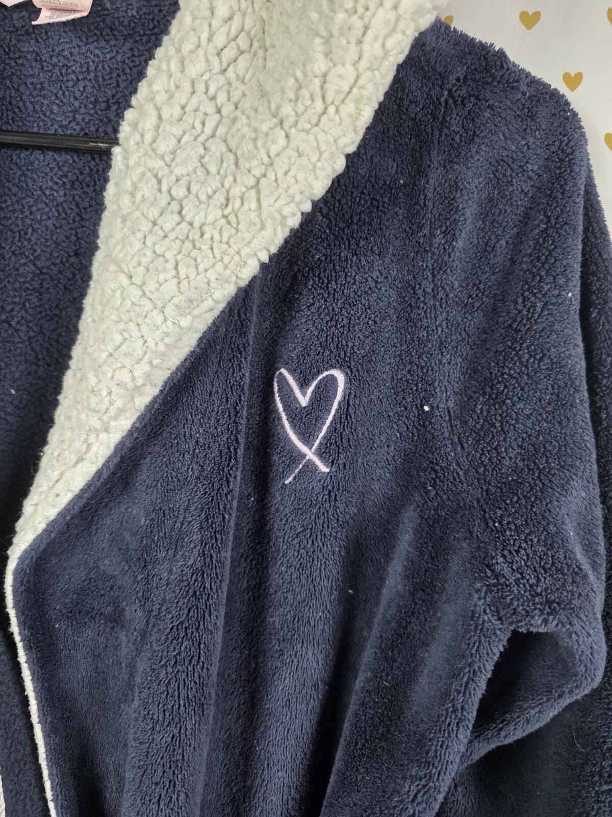 Victorias Secret Heart Thick Fluffy Bath Lounge Robe Hooded with Belt SM XS blue