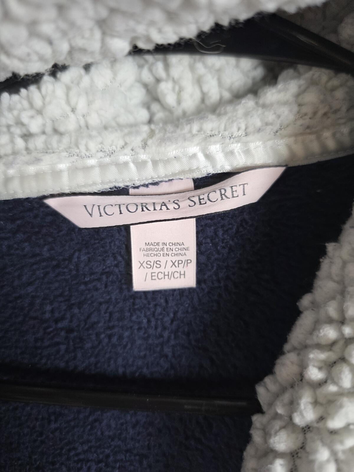Victorias Secret Heart Thick Fluffy Bath Lounge Robe Hooded with Belt SM XS blue