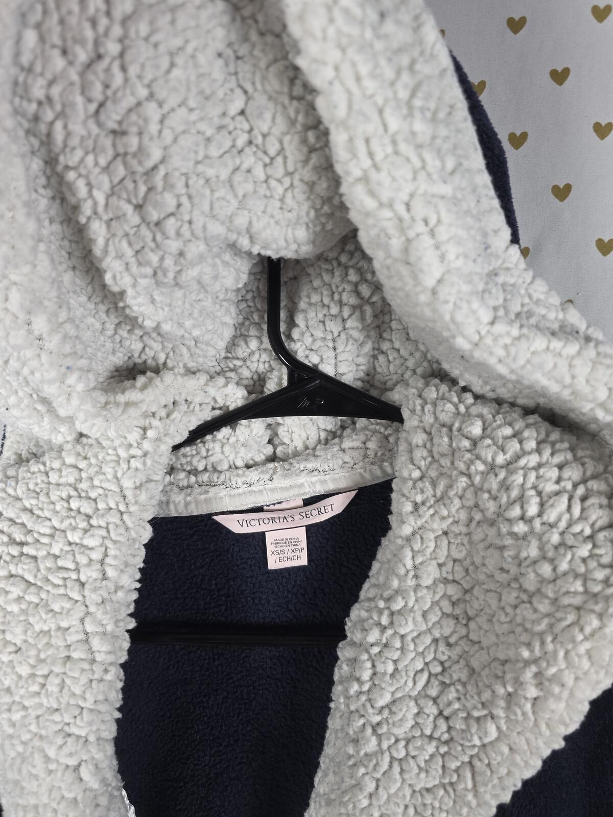 Victorias Secret Heart Thick Fluffy Bath Lounge Robe Hooded with Belt SM XS blue