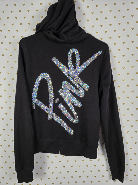 Victorias Secret Pink BLING Sequined Logo Full zip Hoodie Jacket Black SMALL