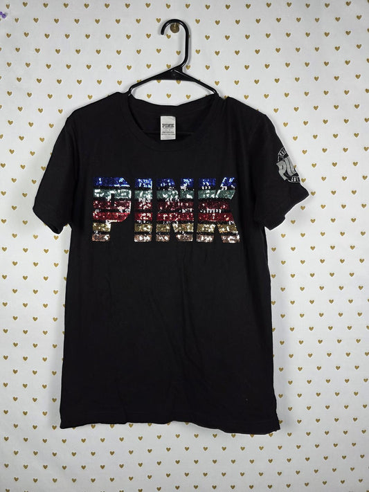 Victorias Secret PINK Sequined Bling Rainbow Logo Tee Shirt Small