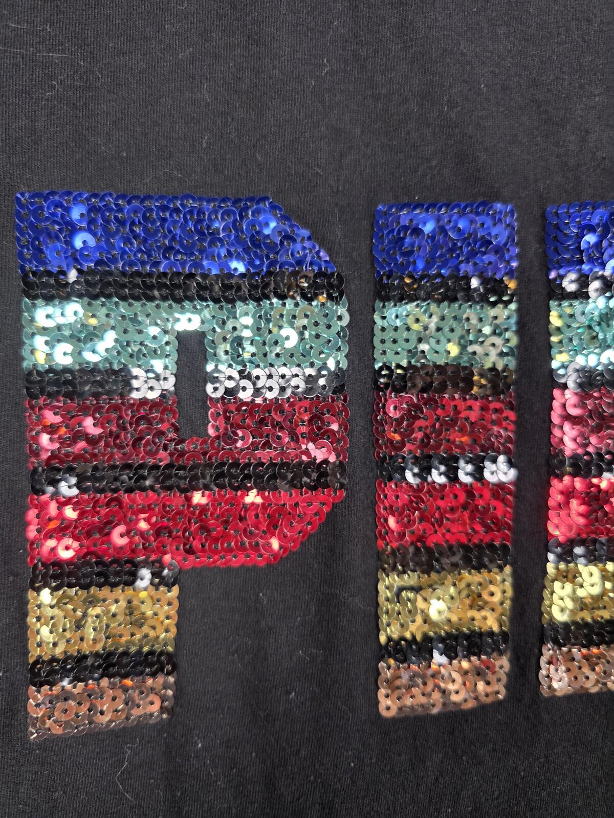 Victorias Secret PINK Sequined Bling Rainbow Logo Tee Shirt Small