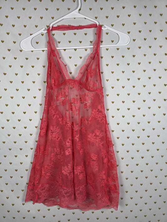 Victorias Secret Sheer Lace Halter Babydoll Nightie Lingerie Red MEDIUM