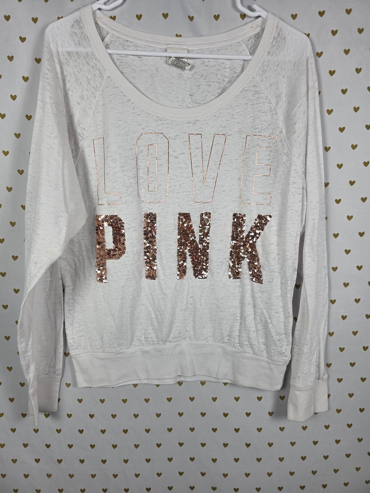 Victorias Secret PINK White long Sleve Gold Bling Tee Shirt Logo MEDIUM