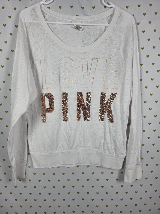 Victorias Secret PINK White long Sleve Gold Bling Tee Shirt Logo MEDIUM
