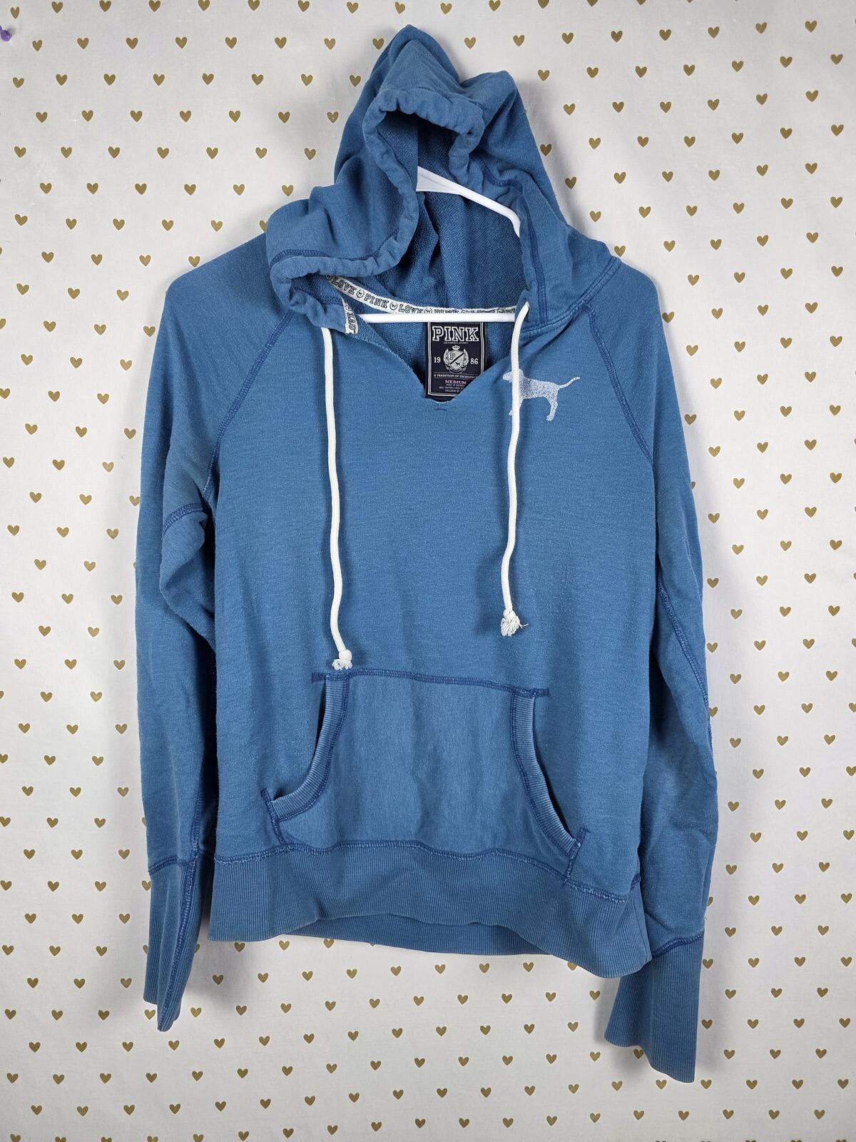 Victorias Secret Pink Vintage V Neck Pullover Hoodie Sweater Blue STAR MEDIUM