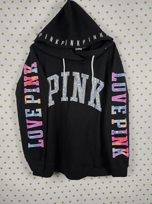 VICTORIAS SECRET LOVE PINK HOODED SWEATSHIRT WATERCOLOR BLING HOODIE Large