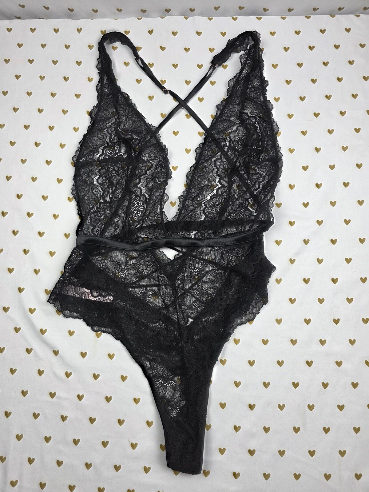 Victorias Secret LARGE Lace Teddy V String Strappy Bodysuit Lingerie Black