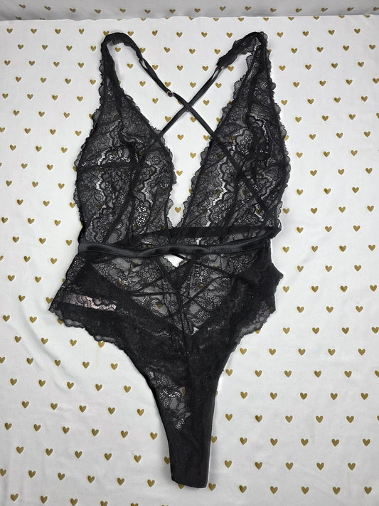 Victorias Secret LARGE Lace Teddy V String Strappy Bodysuit Lingerie Black