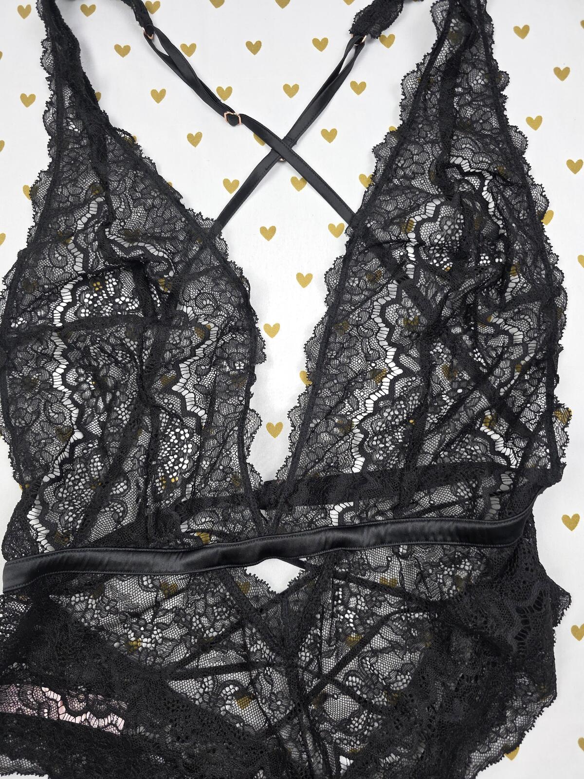 Victorias Secret LARGE Lace Teddy V String Strappy Bodysuit Lingerie Black