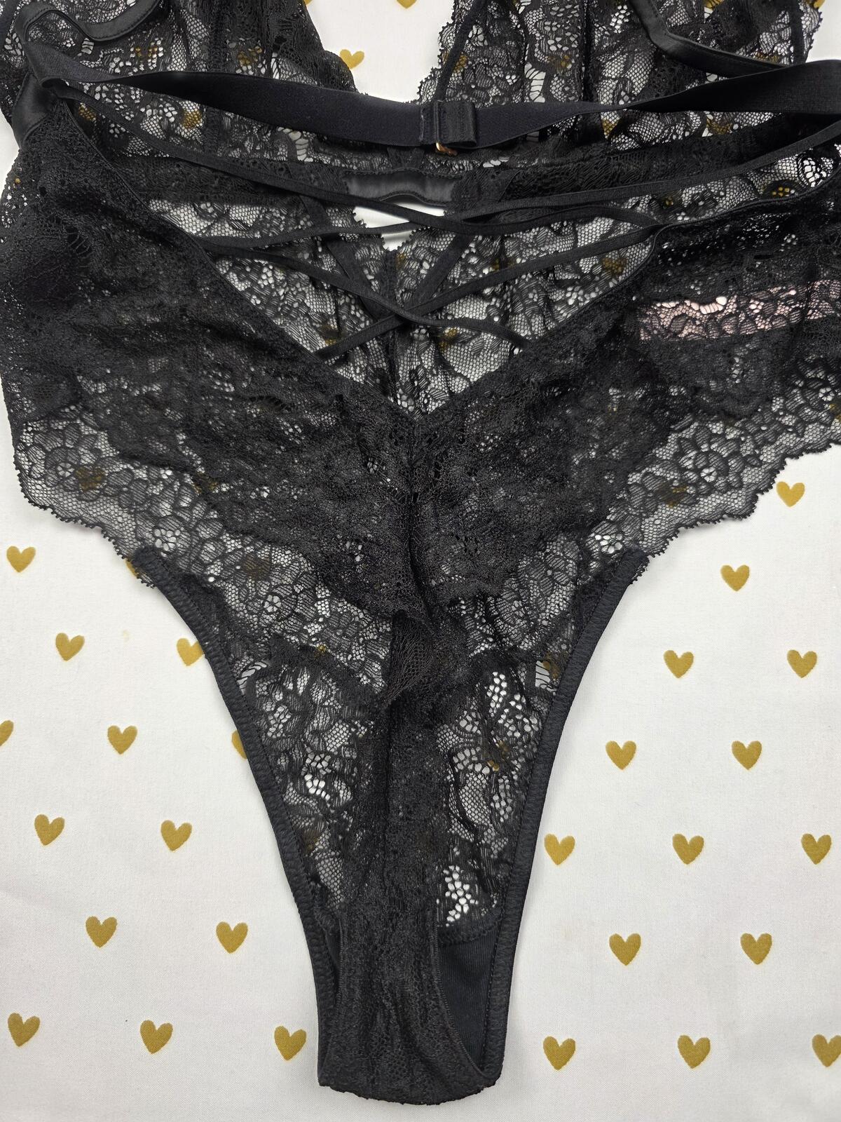 Victorias Secret LARGE Lace Teddy V String Strappy Bodysuit Lingerie Black