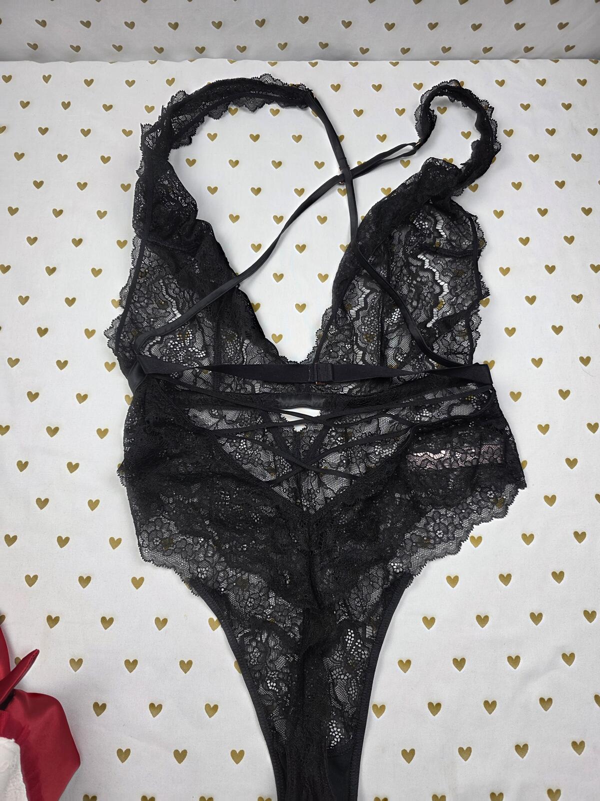 Victorias Secret LARGE Lace Teddy V String Strappy Bodysuit Lingerie Black