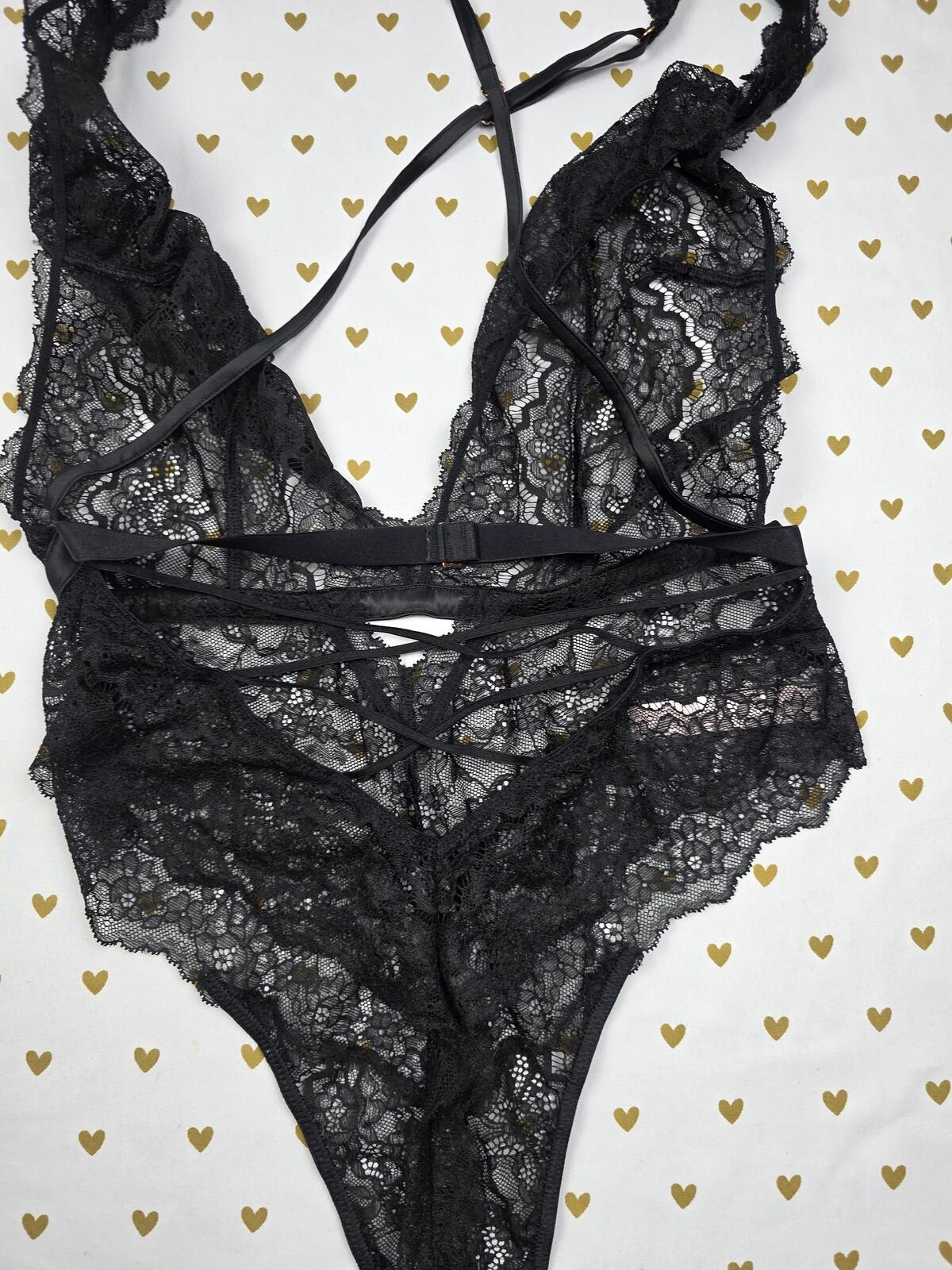 Victorias Secret LARGE Lace Teddy V String Strappy Bodysuit Lingerie Black