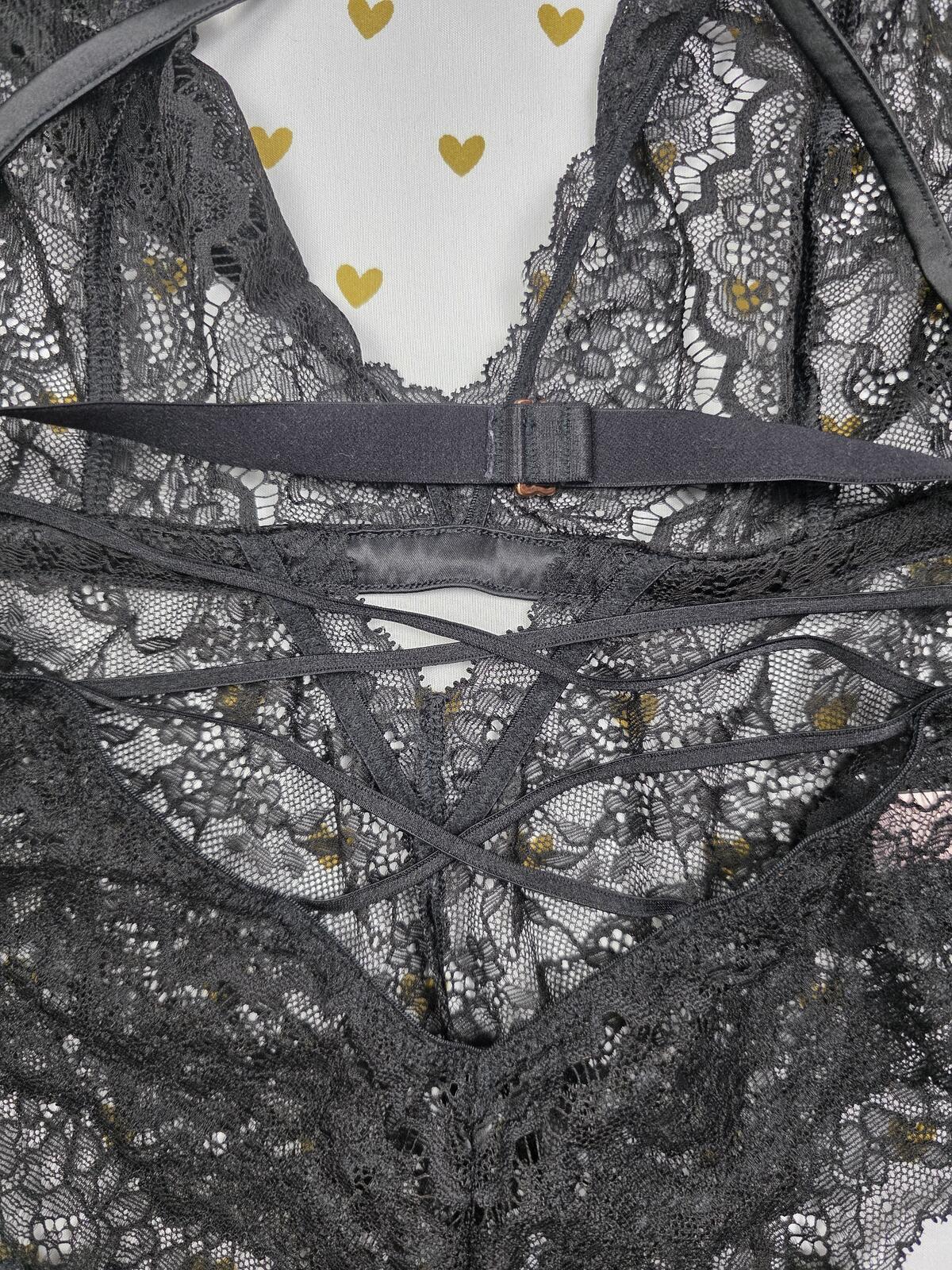 Victorias Secret LARGE Lace Teddy V String Strappy Bodysuit Lingerie Black