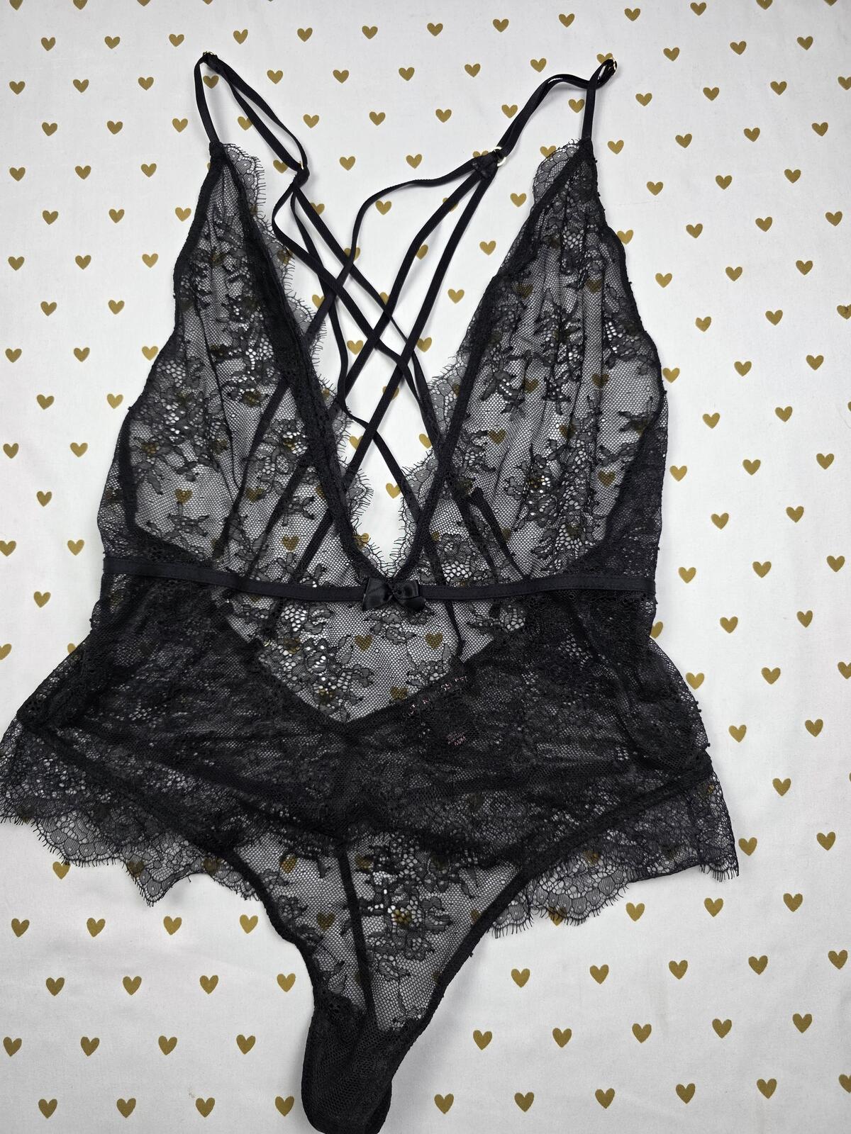 Victorias Secret Strappy Back Black Lace Sheer V String Teddy Bodysuit MEDIUM