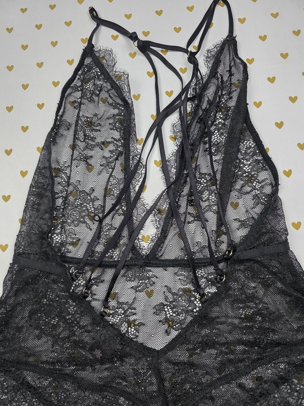 Victorias Secret Strappy Back Black Lace Sheer V String Teddy Bodysuit MEDIUM