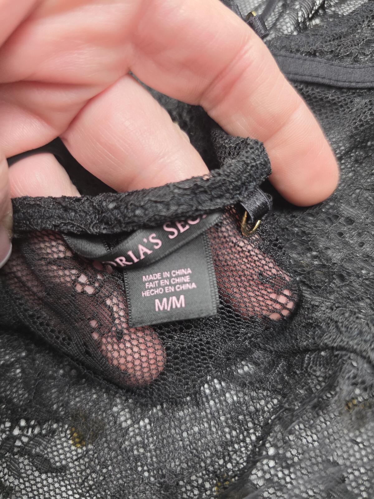 Victorias Secret Strappy Back Black Lace Sheer V String Teddy Bodysuit MEDIUM