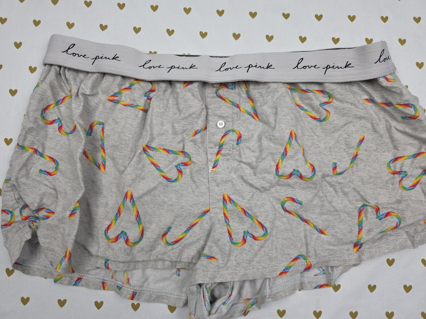 Victorias Secret PINK Large RAINBOW HEARTS Sleep Shorts Boxers Pajama Bottoms