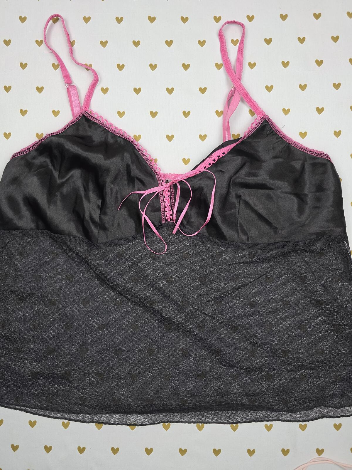 Victorias Secret Vintage Black Sheer Y2k Babydoll Tank Top Pink LARGE
