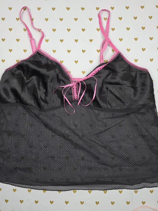 Victorias Secret Vintage Black Sheer Y2k Babydoll Tank Top Pink LARGE