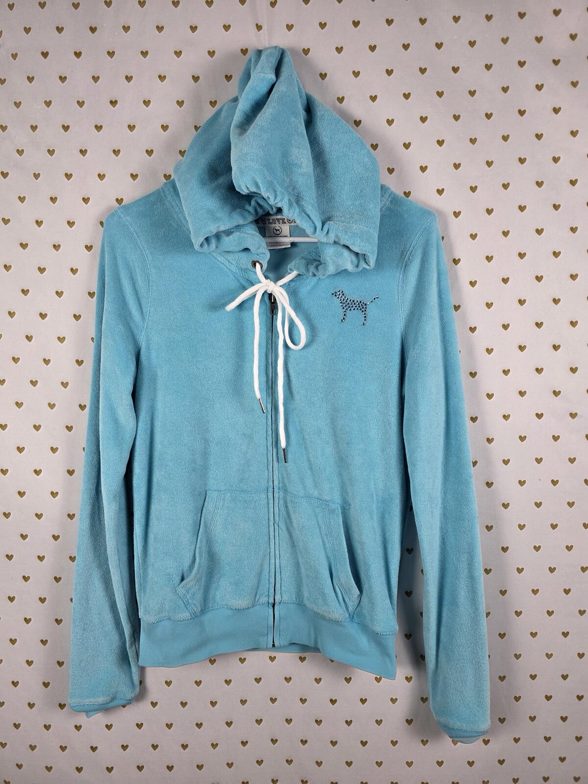 Victorias Secret Pink VINTAGE VELOUR Bling Studded Logo Hoodie Jacket Small Y2k
