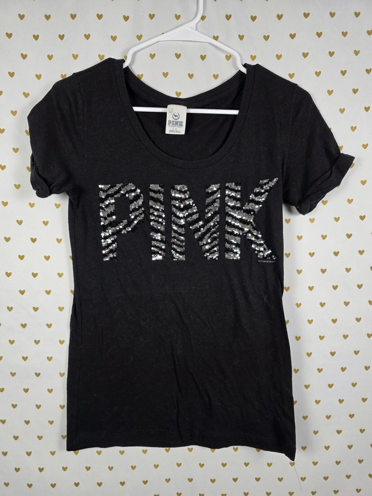 Victorias Secret PINK Rare ZEBRA BLING SEQUINED Vintage Y2K Tee shirt Black SM