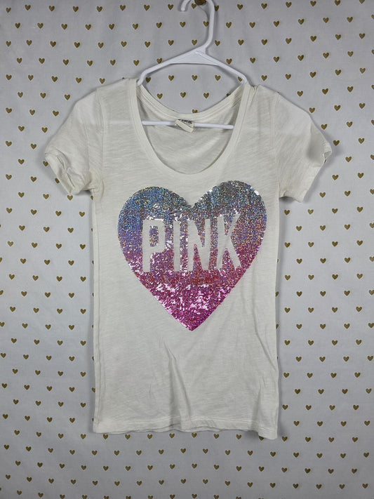 Victorias Secret PINK Vintage Y2k HEART BLING White Tee shirt XS Sequined