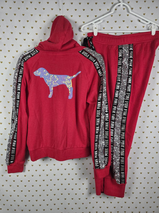 Victorias Secret Pink RED BLING DOG Full Sequined Hoodie Joggers Sweats SET 2PC