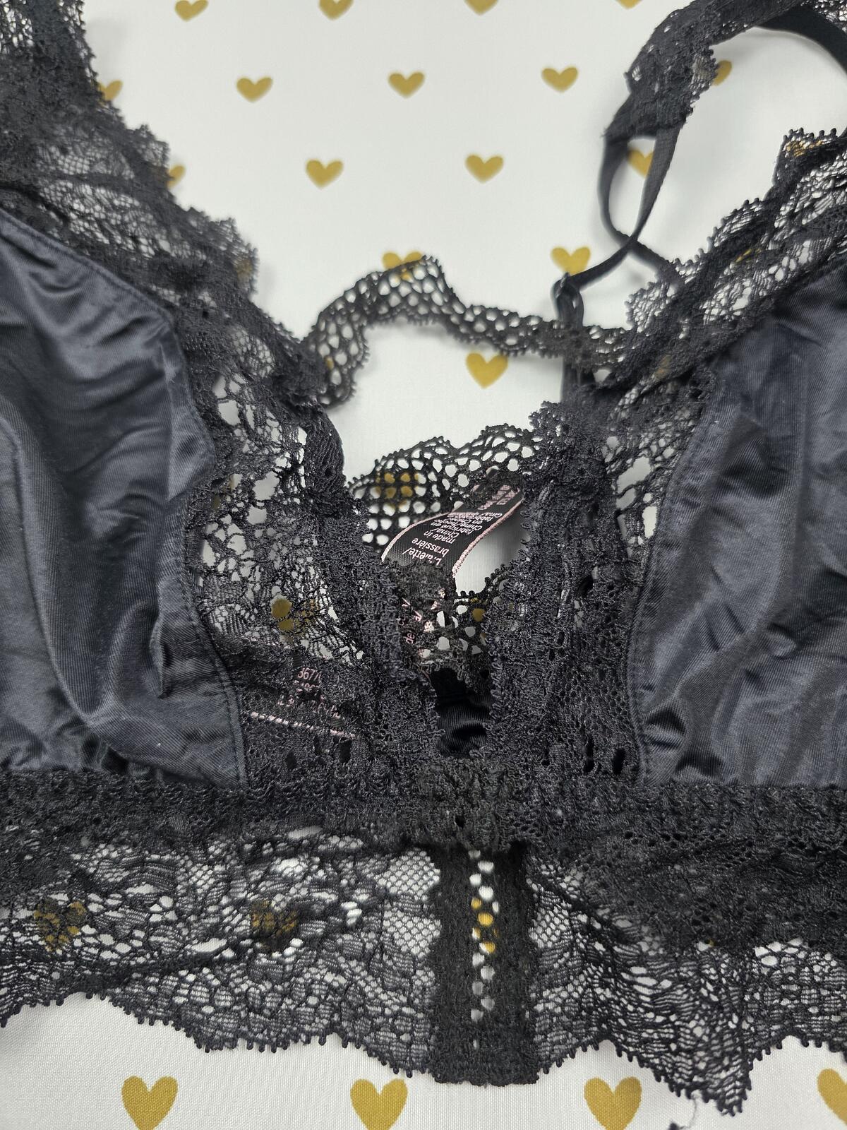 Victorias Secret Black Lace Satin medium Bralette Bra Top Tank