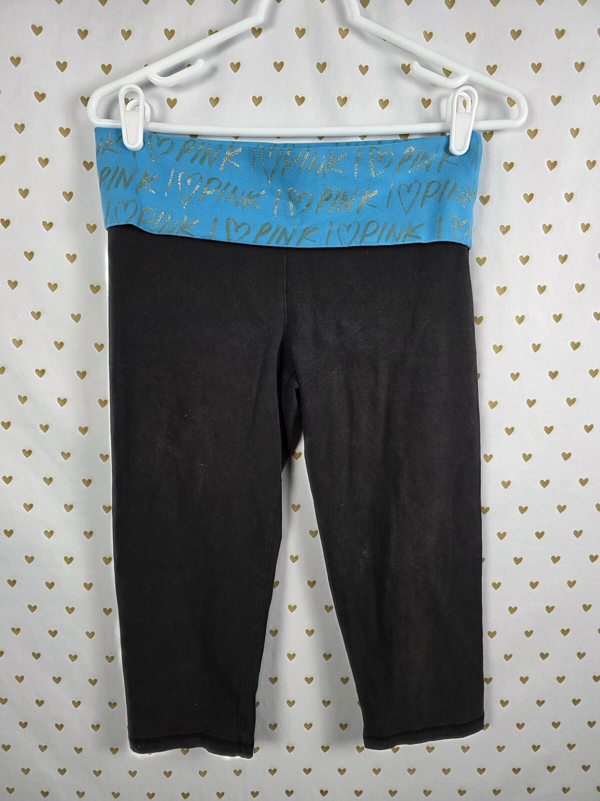 Victorias Secret PINK  LOVE Blue FOLDOVER Yoga Pants vintage Capri Cropped MED